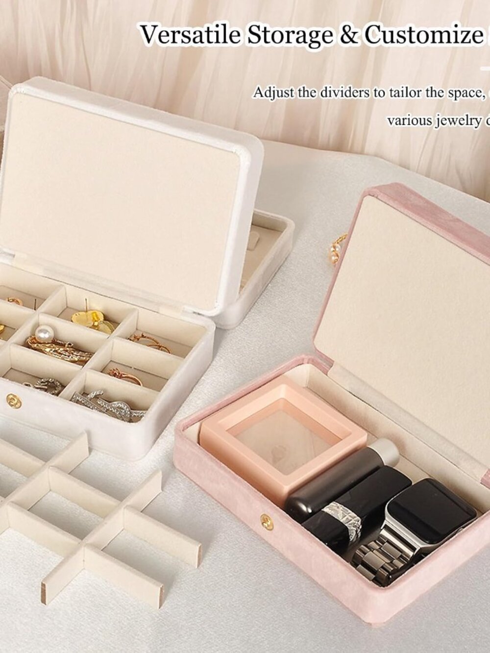 Travel Jewelry Case, 2-Layer Large Jewelry Organizer Box, Beige, PU Leather - Picture 6 of 7
